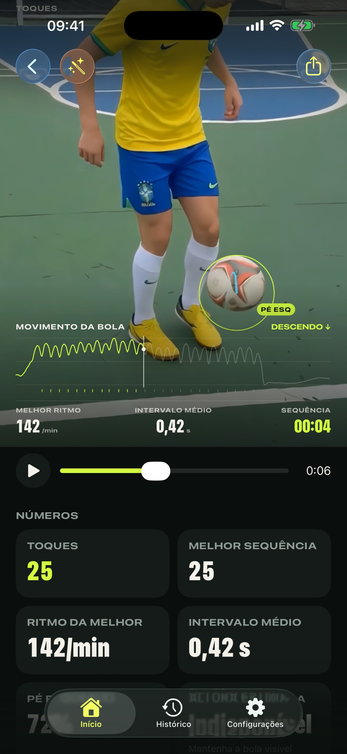Pantalla real de l’app amb estadístiques d’una sessió d’embaixadinhes